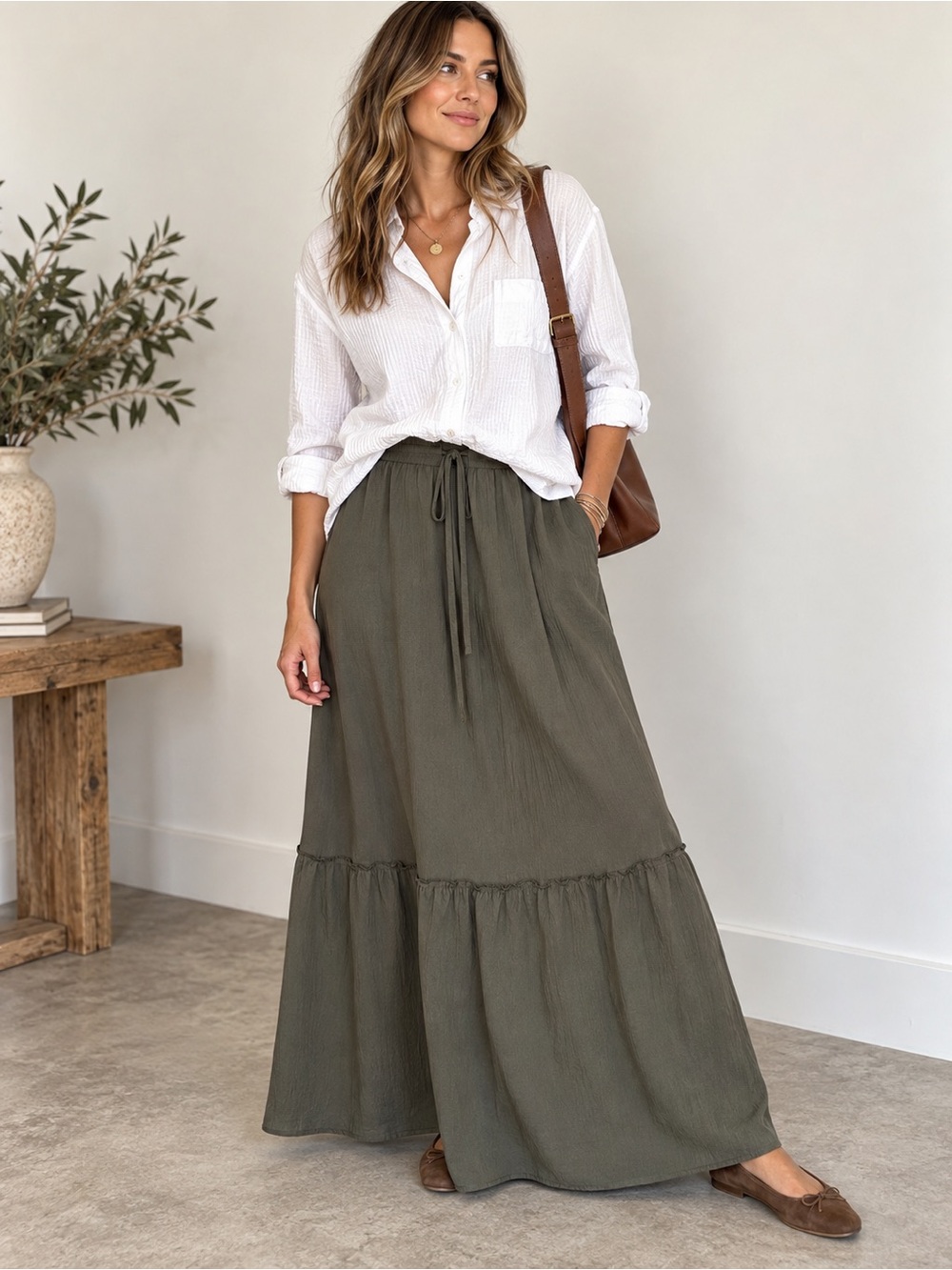 Maxi Skirt Tiered in Olive Green - Women's Pull On Waist with Tie Accent NWT
